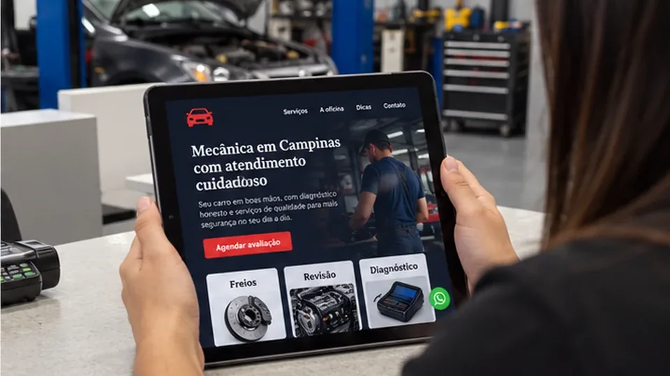 Mão segurando tablet com o site reformulado fictício de uma mecânica de Campinas, dentro da oficina