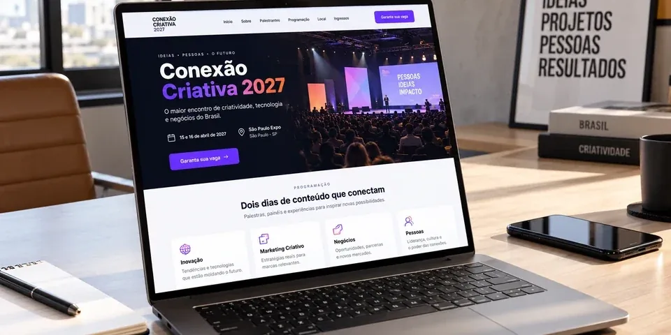 Notebook com a landing page fictícia do evento Conexão Criativa 2027, com data, local e botão de inscrição