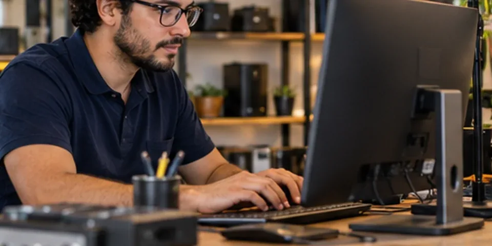 Especialista fazendo a manutenção de um site no computador de mesa, em um escritório organizado