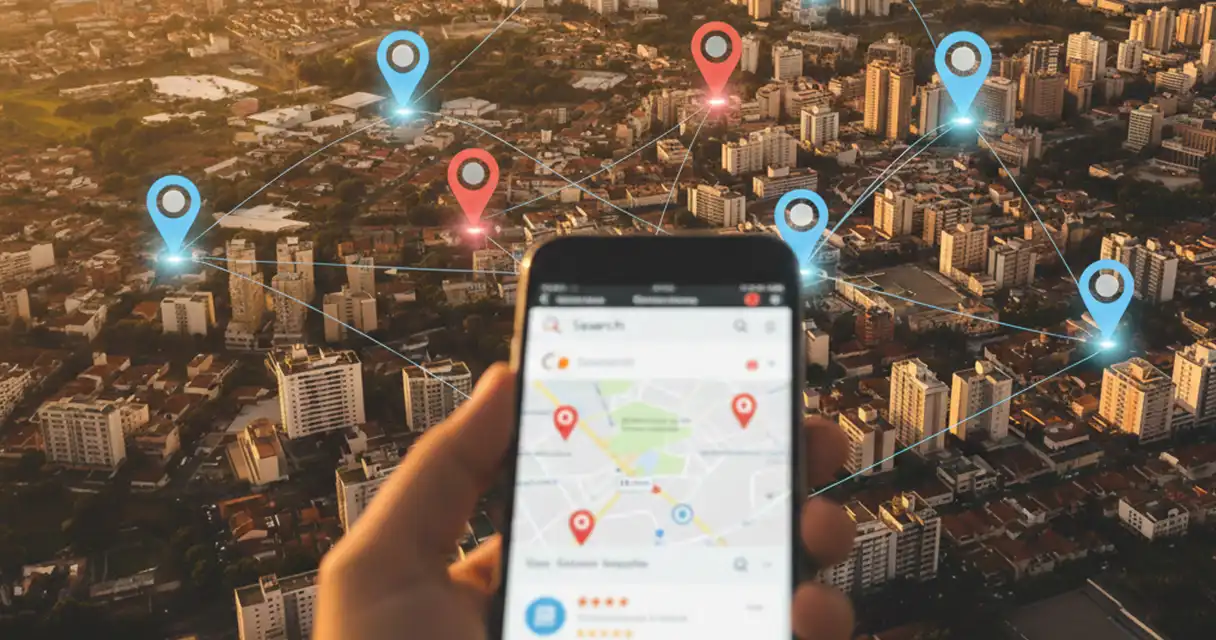 Vista aérea estilizada de Campinas com pinos de localização do Google Maps flutuando sobre a cidade e uma mão segurando um celular exibindo resultados de busca local e avaliações.